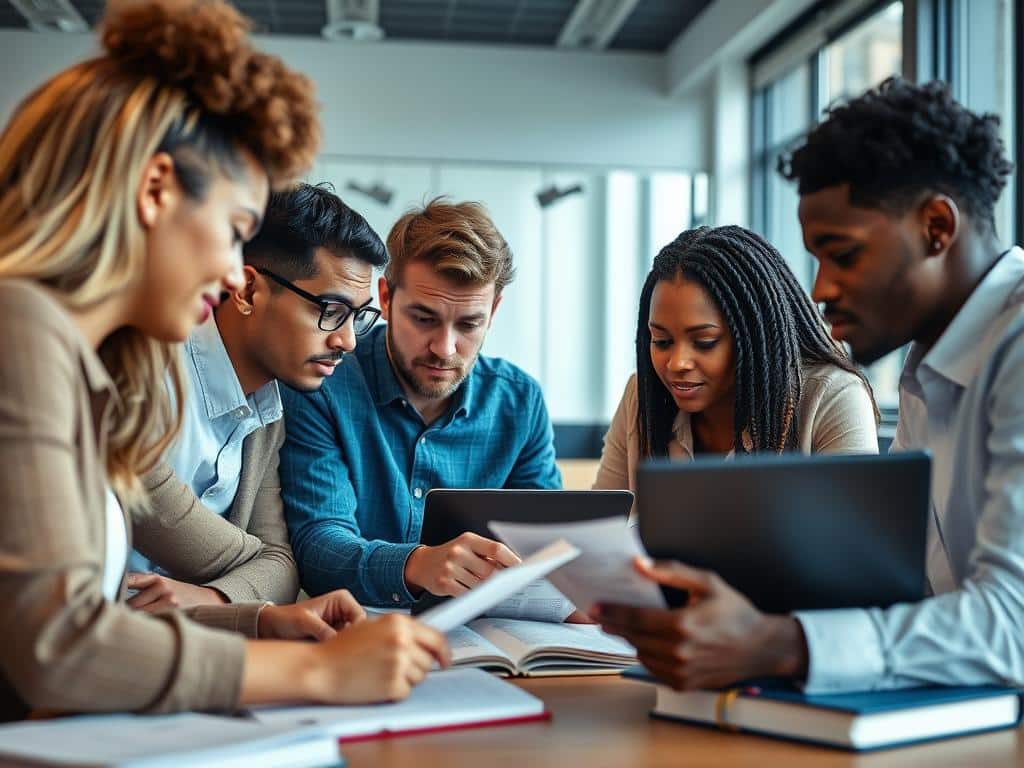 Étudiants travaillant sur un projet juridique en groupe à l'ESMD